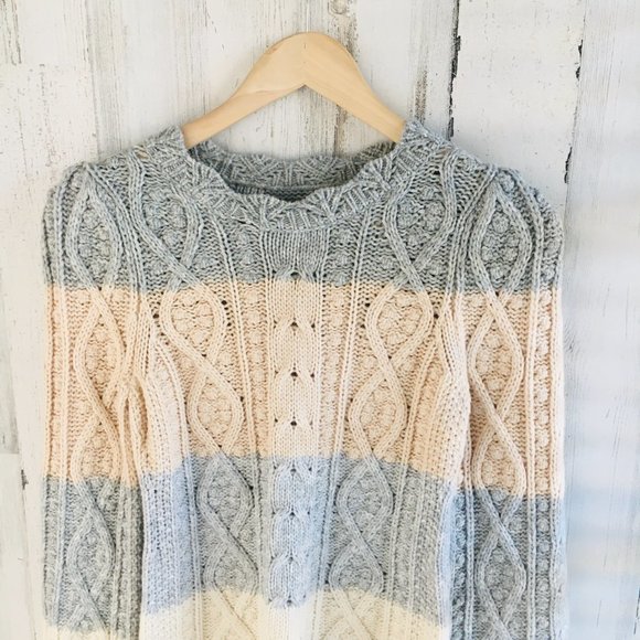 La Vie Rebecca Taylor Cable Knit Sweater Wool Cotton Blend Striped - Picture 2 of 12